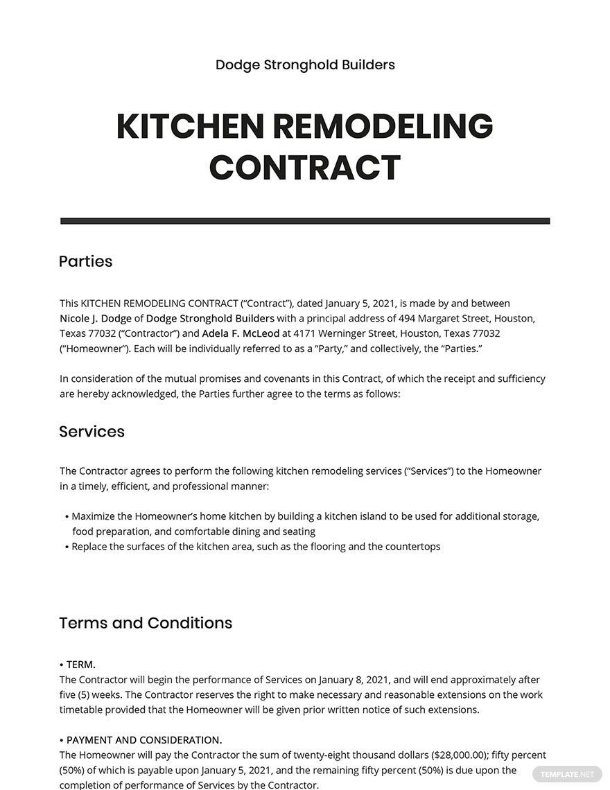 Kitchen Remodeling Contract Template