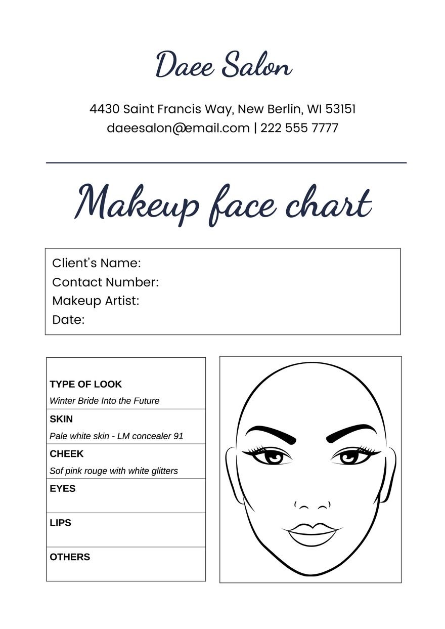 Makeup Client Record Face Chart in PDF, Illustrator