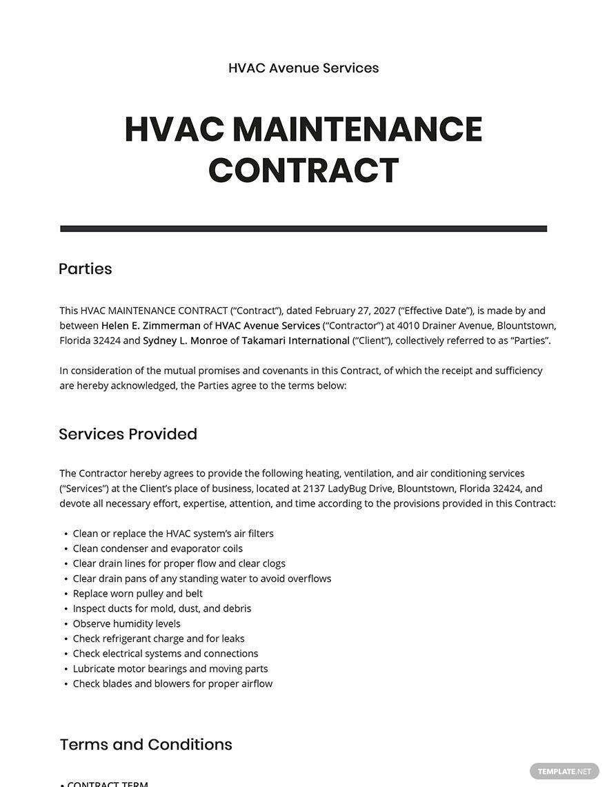 Printable Hvac Maintenance Contract Template