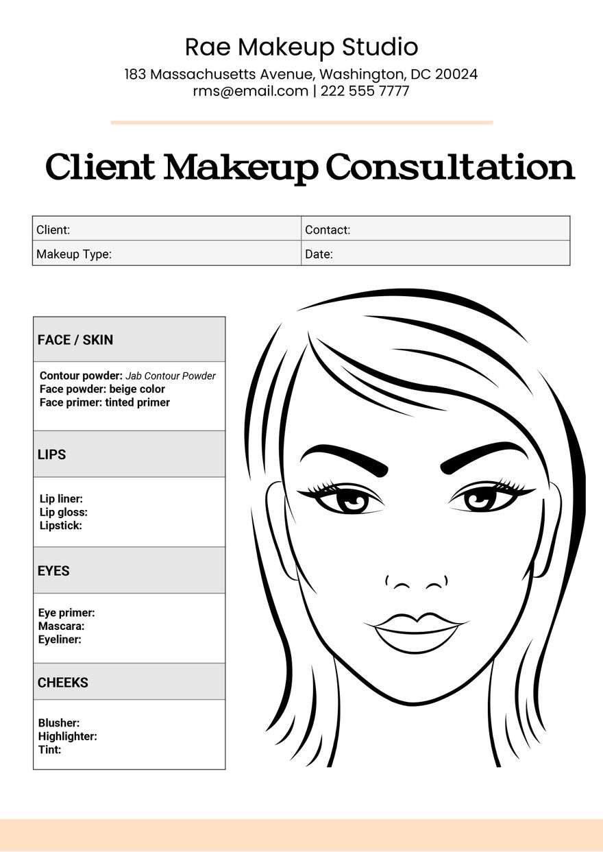 MUA Client Makeup Consultation Face Chart