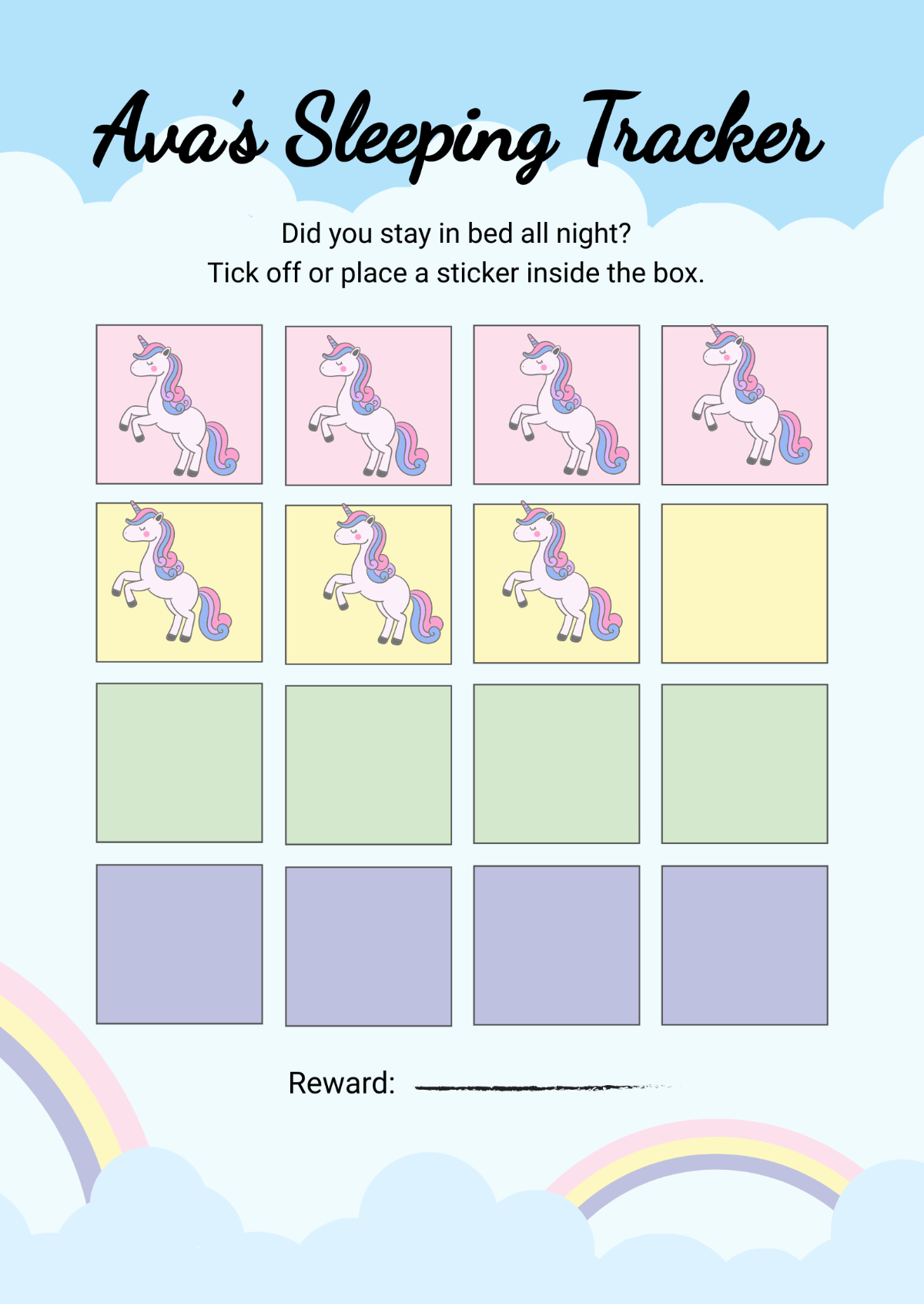 Girls Unicorn Sleeping Chart Template