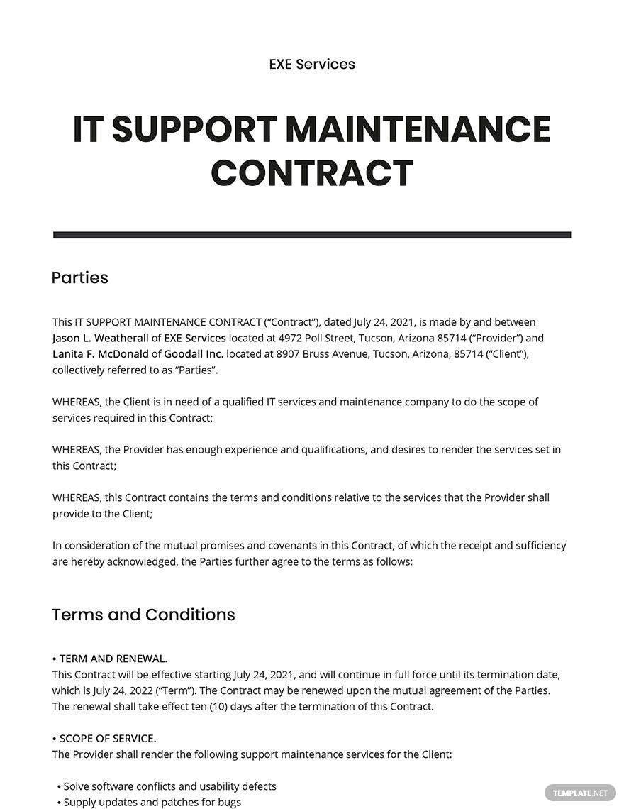 IT Support Maintenance Contract Template