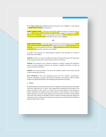 It Support Maintenance Contract Template Word Doc Google Contract Template Word Doc
