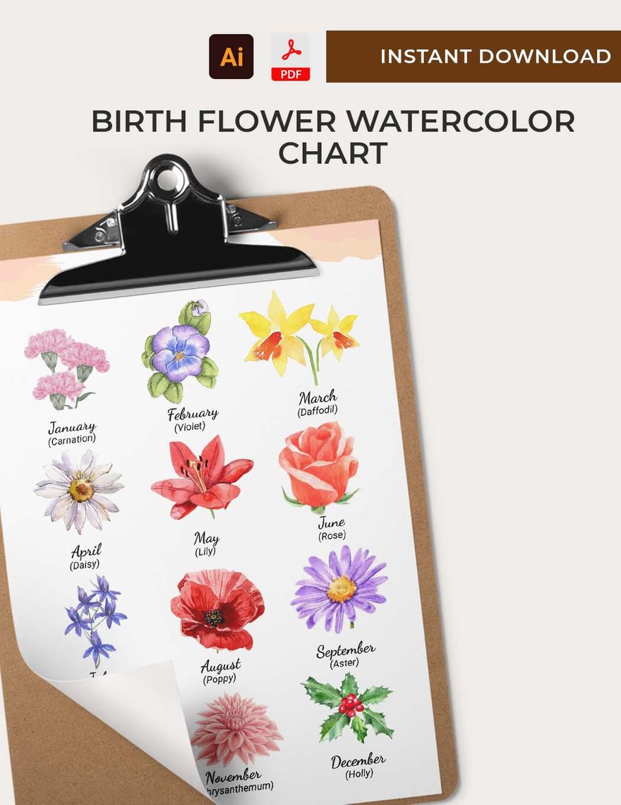 Birth Flower Watercolor Chart in PDF, Illustrator