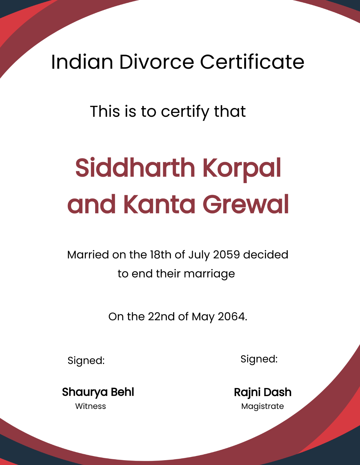 Indian Divorce Certificate Template