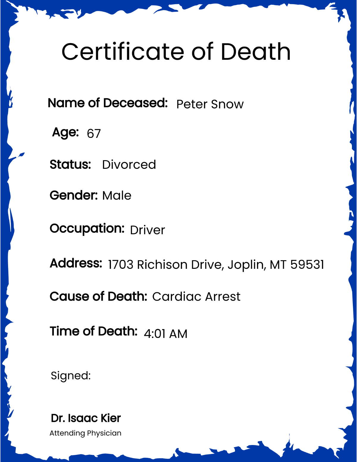 Doctor Death Certificate Format Template