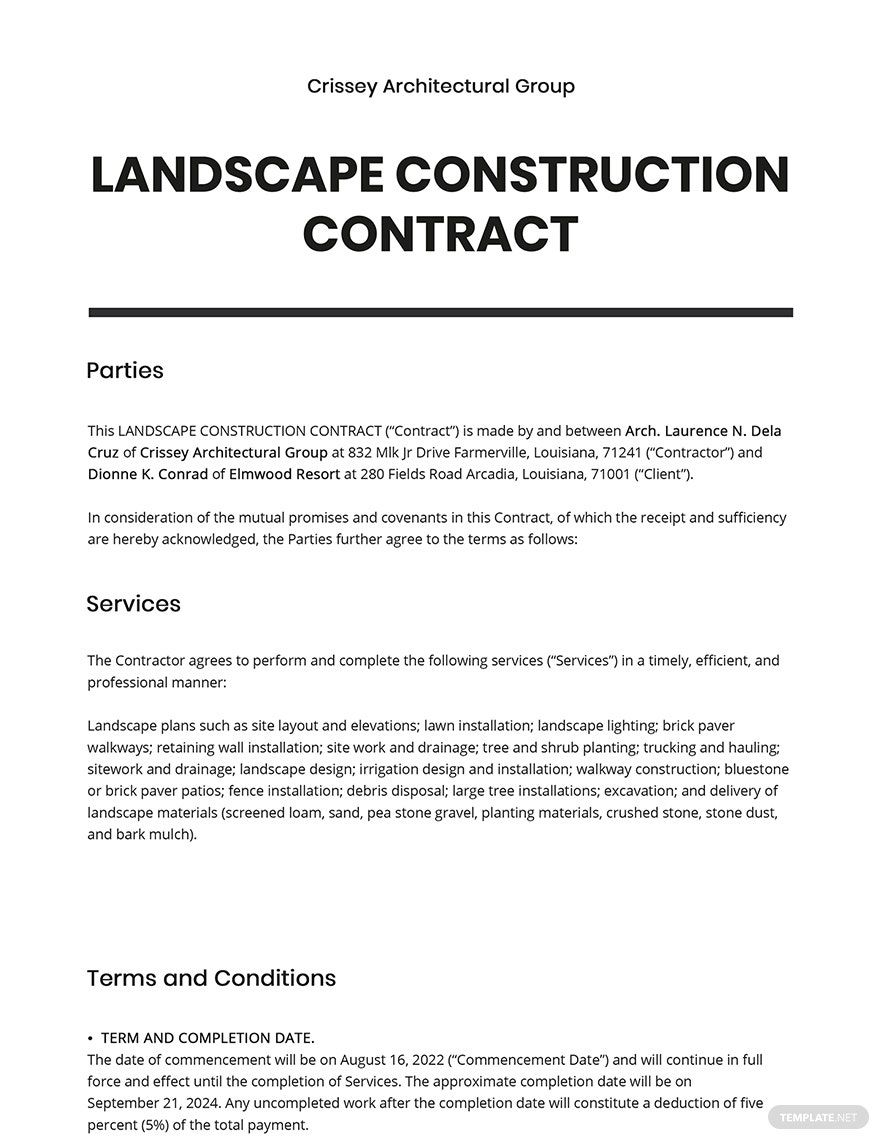Landscape Construction Contract Template