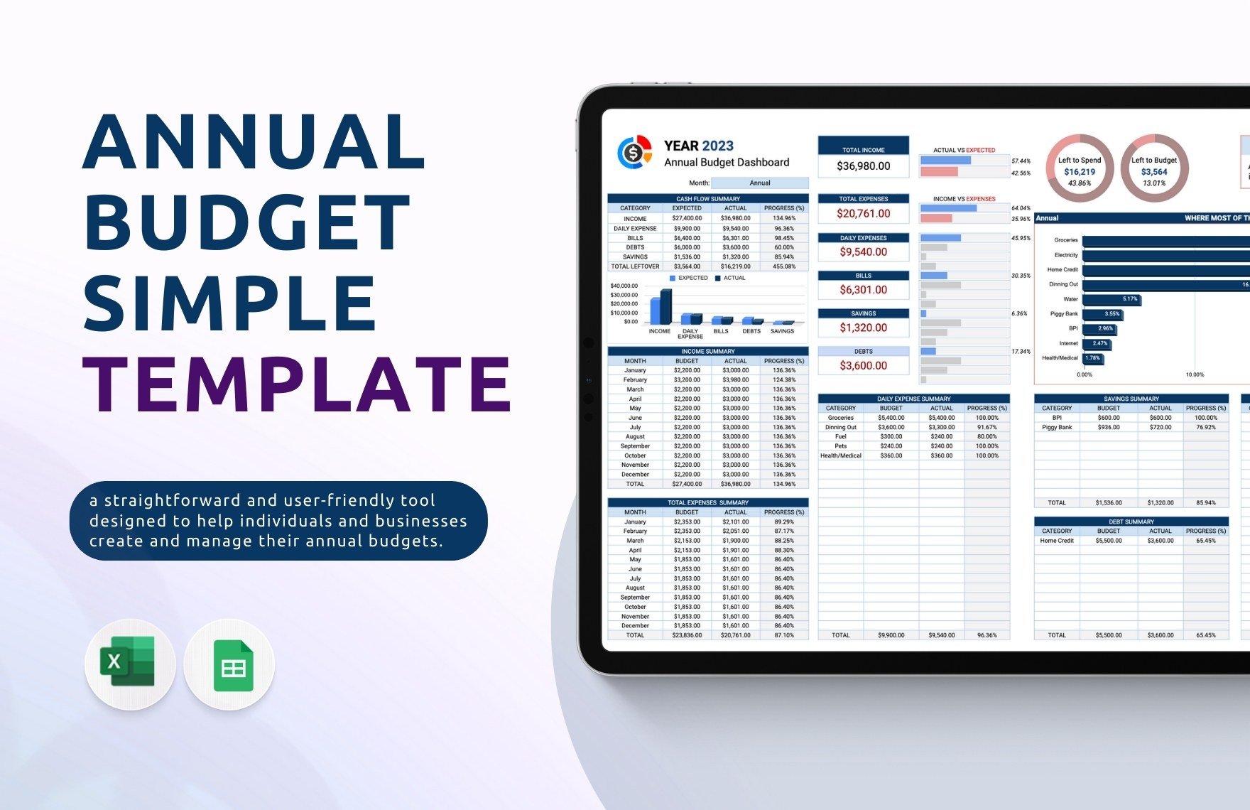 Annual Budget Simple Template in Excel, Google Sheets