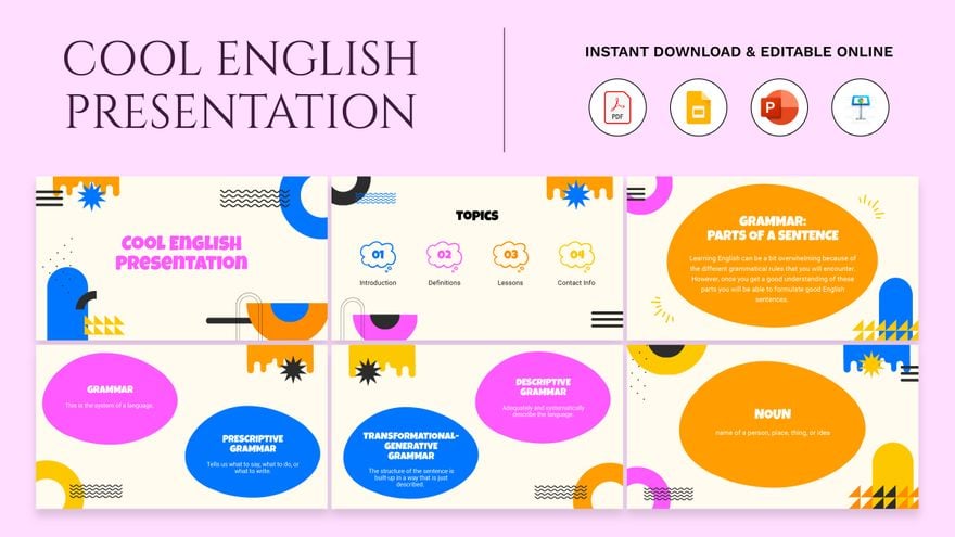 Cool English Presentation in PDF, PowerPoint, Google Slides, Apple Keynote