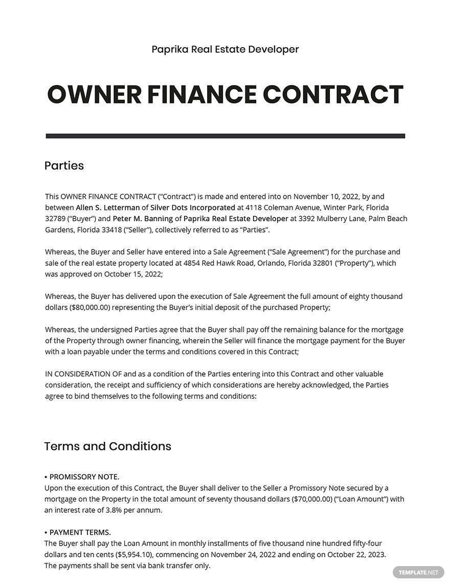 Owner Finance Contract Template Google Docs Word Apple Pages Template