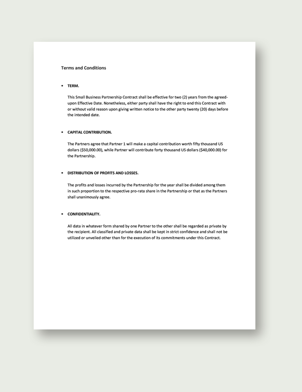 Small Business Partnership Contract Template