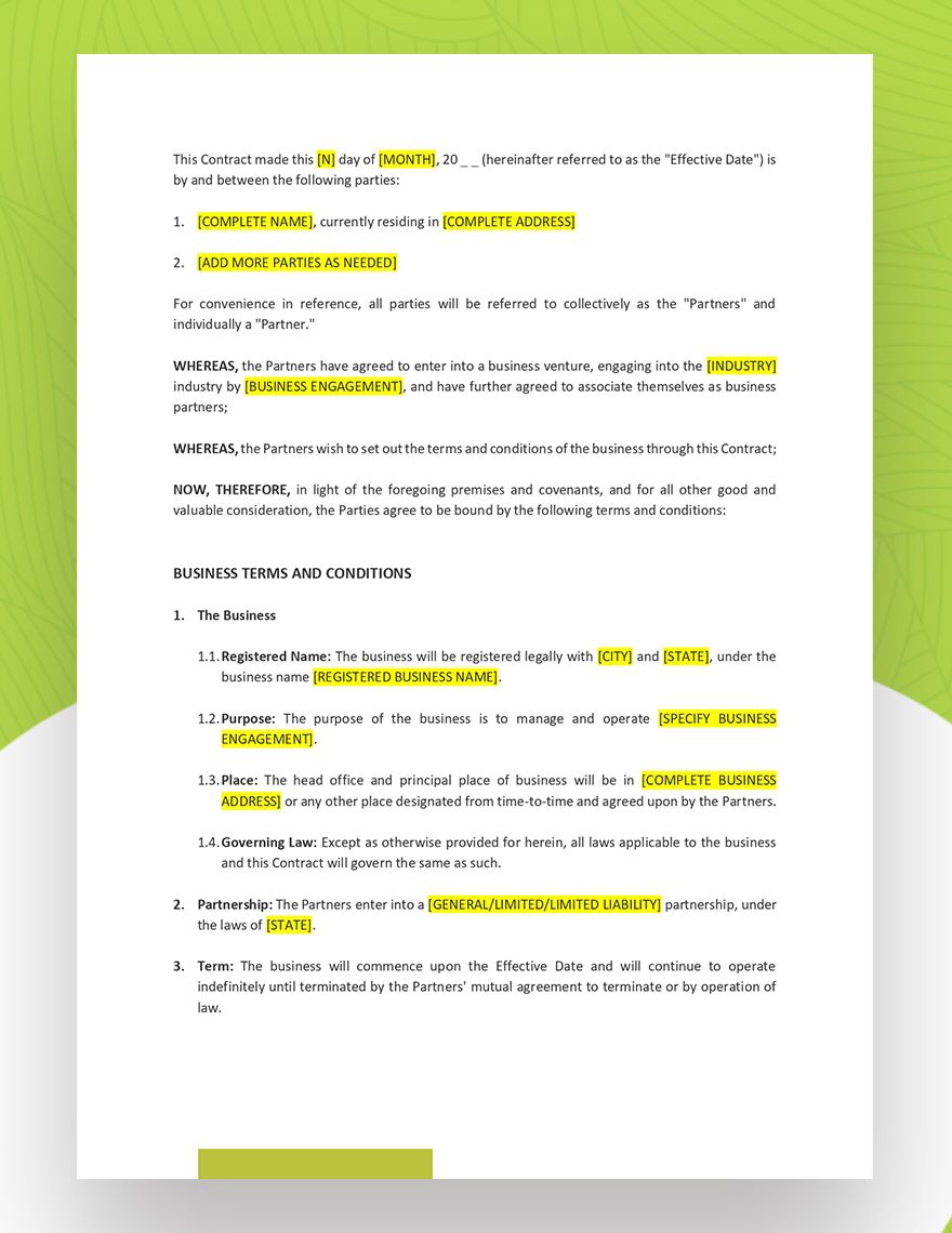 Small Business Partnership Contract Template Google Docs, Word, Apple