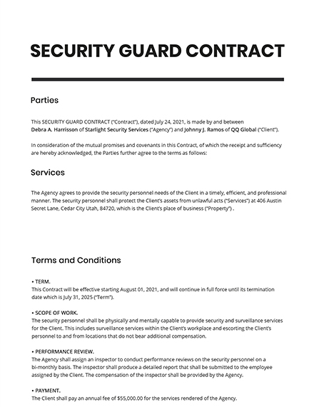 security guard contract template free pdf word