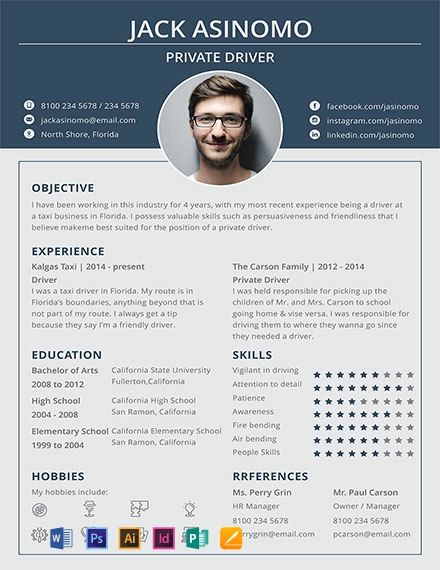 Driver Resume Template - Illustrator, InDesign, Word, Apple Pages, PSD, Publisher
