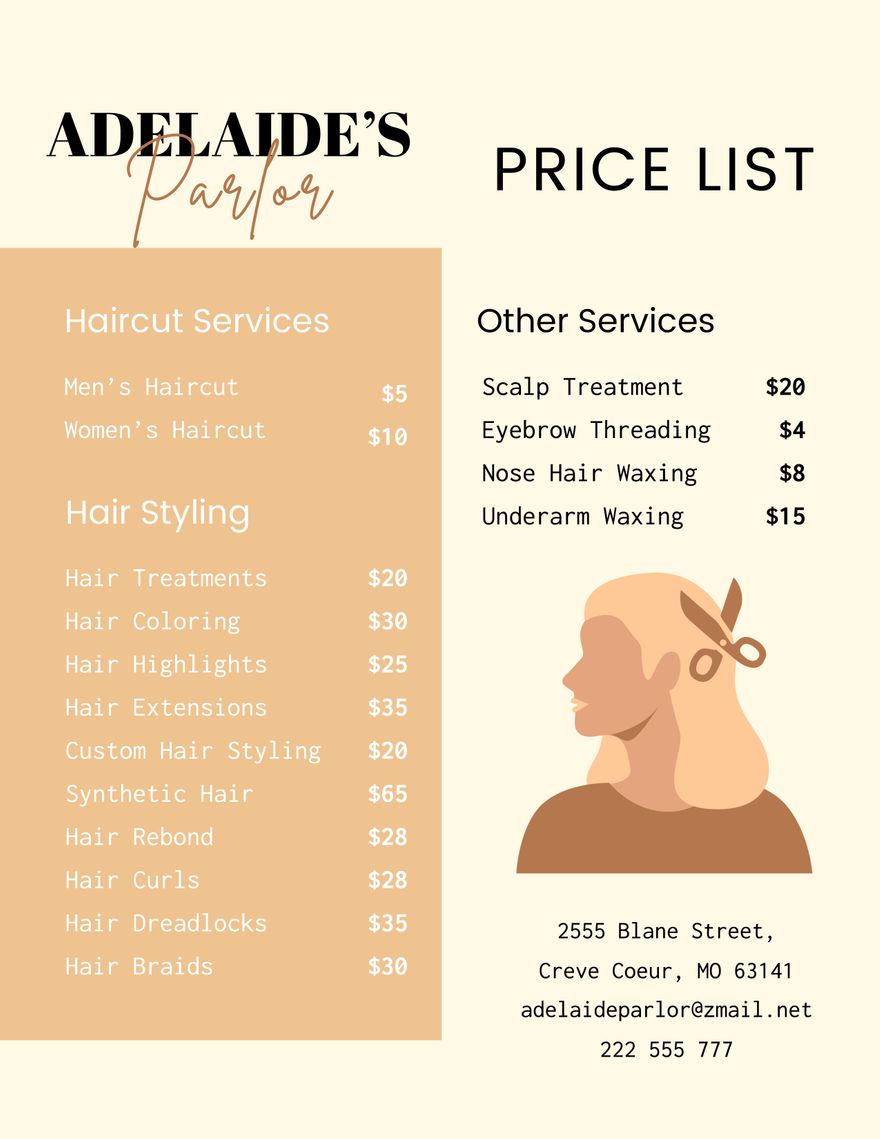 Hair Dresser Price List in Word, Illustrator, PSD