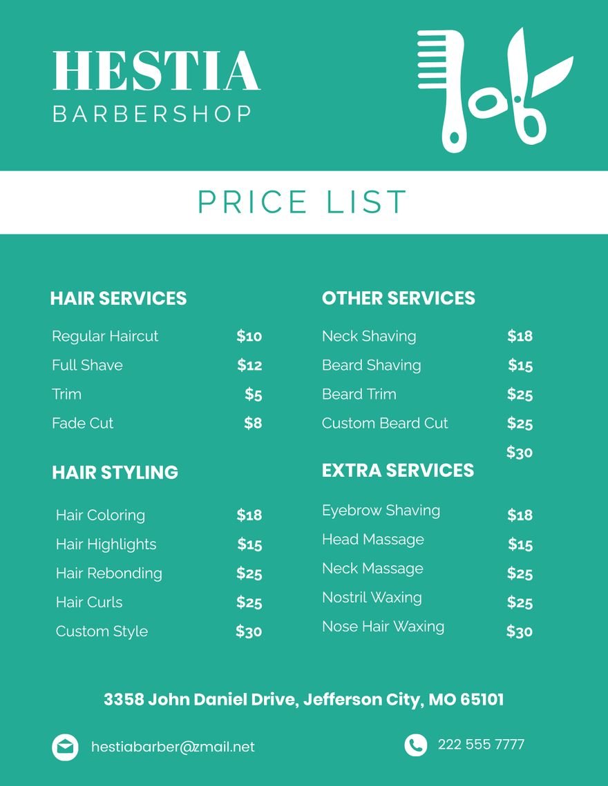 Barber Service Price List in Word, Illustrator, PSD
