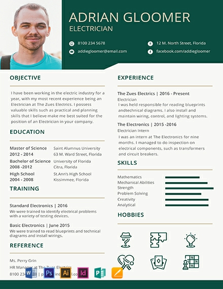 Electrician Resume Template - Illustrator, InDesign, Word, Apple Pages, PSD, Publisher
