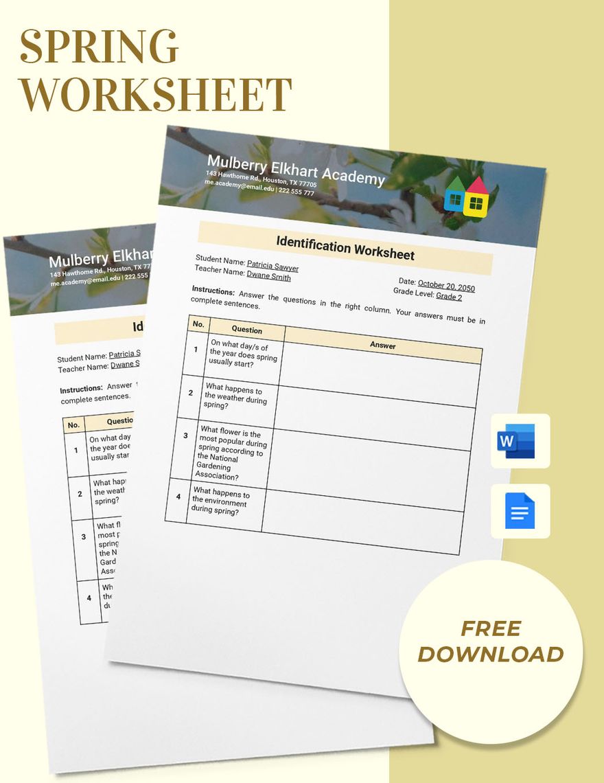 Spring Worksheet Template in Word, Google Docs - Download | Template.net