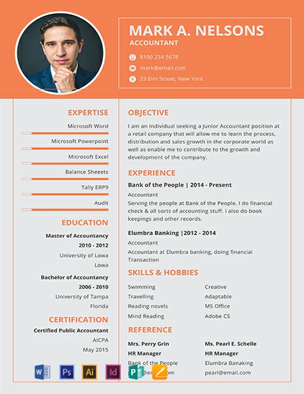 Experienced Accountant Resume Format Template - Illustrator, InDesign, Word, Apple Pages, PSD, Publisher