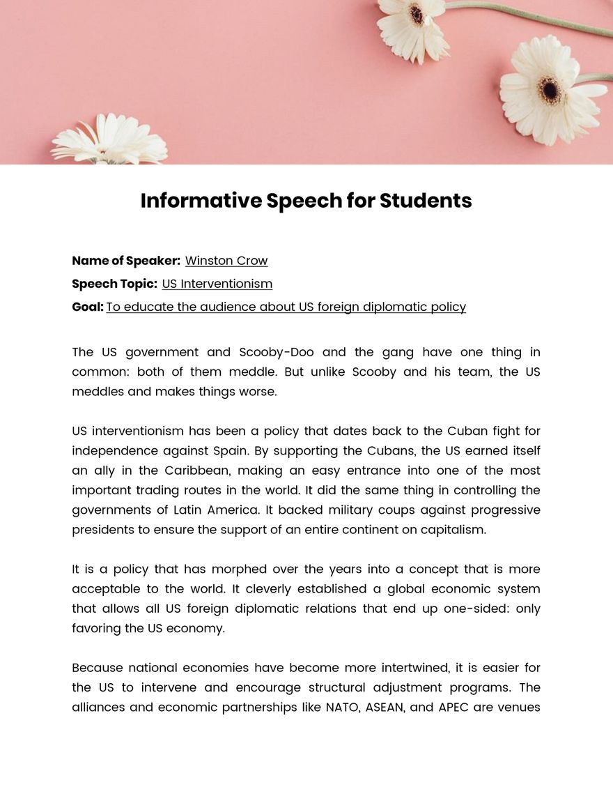 Informative Speech Template For Students