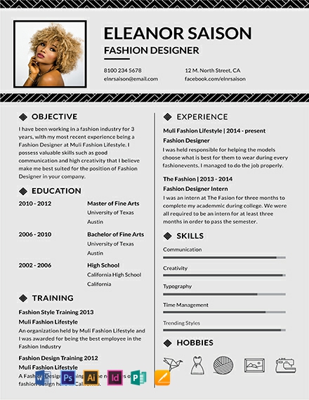 Assistant Fashion Designer Resume Template - Illustrator, InDesign, Word, Apple Pages, PSD, Publisher
