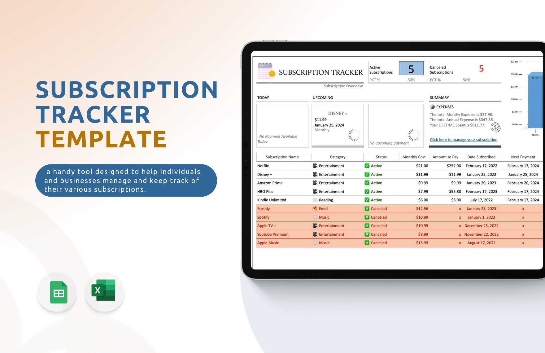Subscription Tracker Template in Excel, Google Sheets