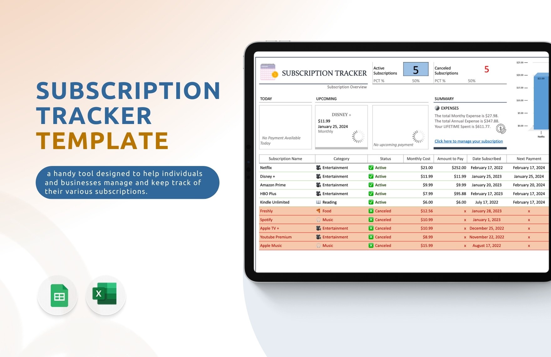 Subscription Tracker Template in Excel, Google Sheets - Download | Template.net