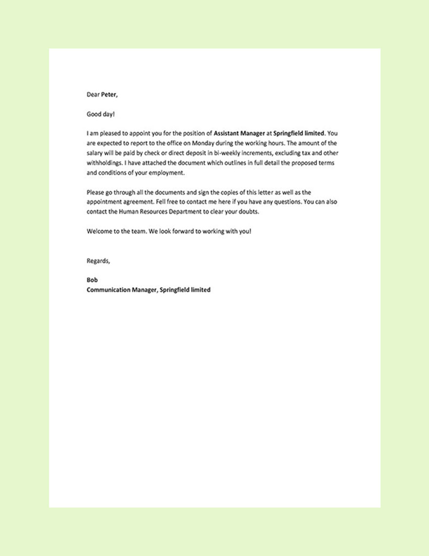Free Job Appointment Letter Template for New Employee