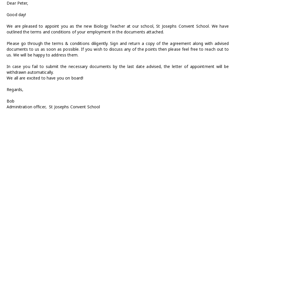 Private School Teacher Appointment Letter Template - Google Docs, Word