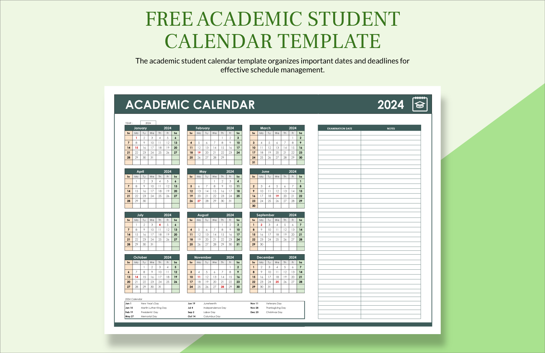 Academic Student Calendar Template