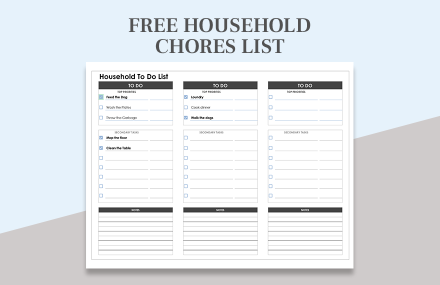 Free Household Chores List Google Sheets Excel Template