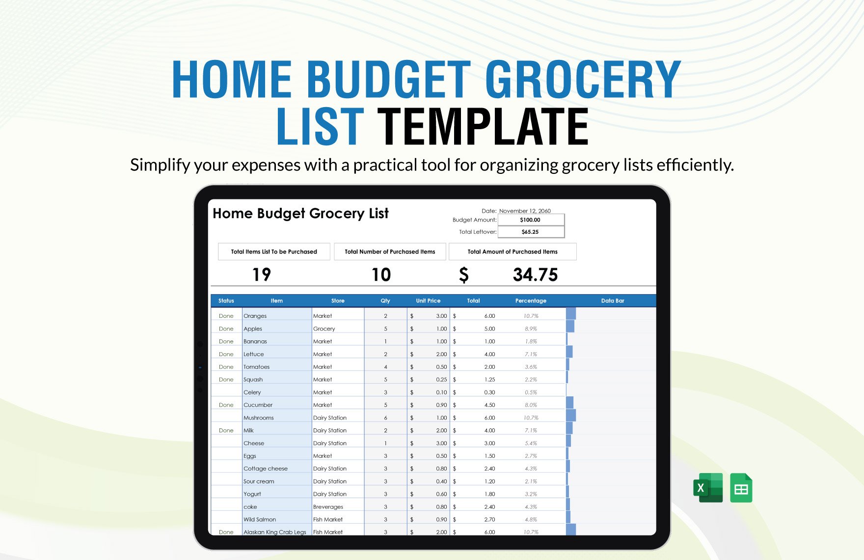 Free Home Budget Grocery List in Excel, Google Sheets