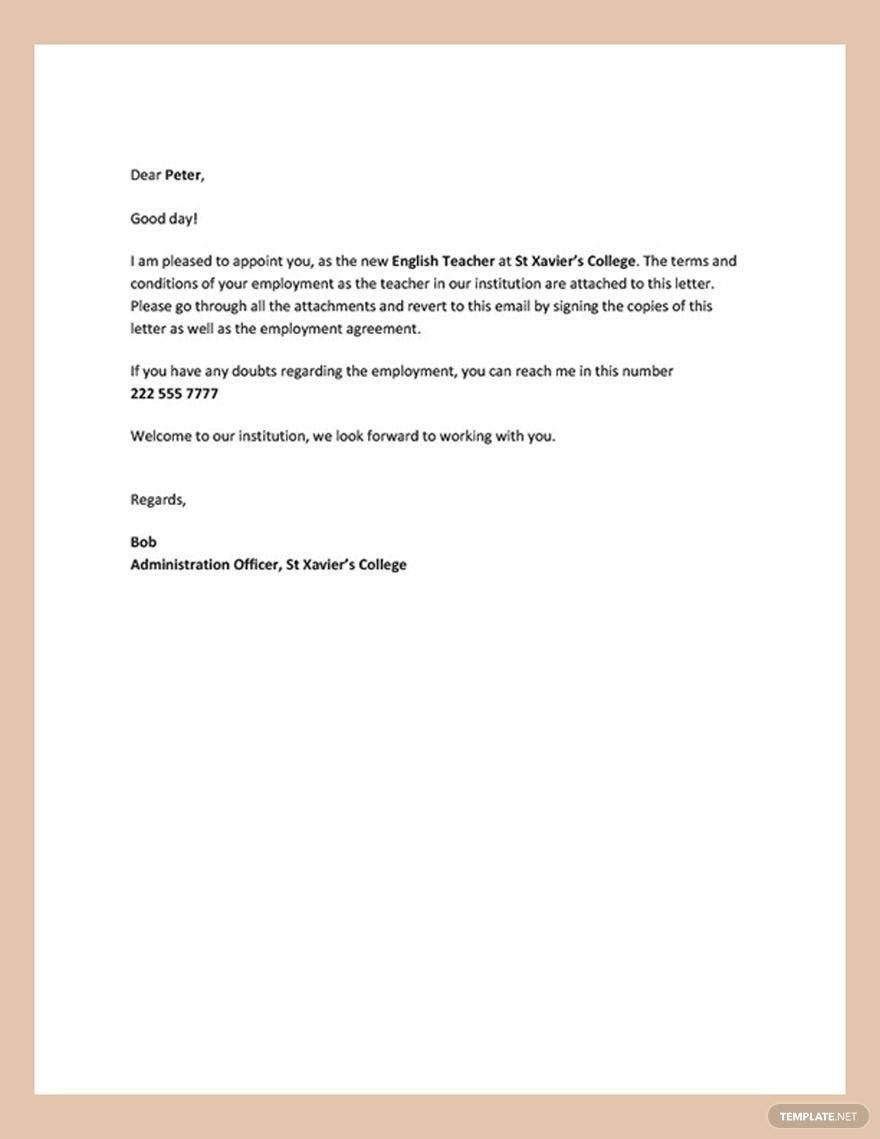 Teacher Appointment Letter in Word, Google Docs, PDF