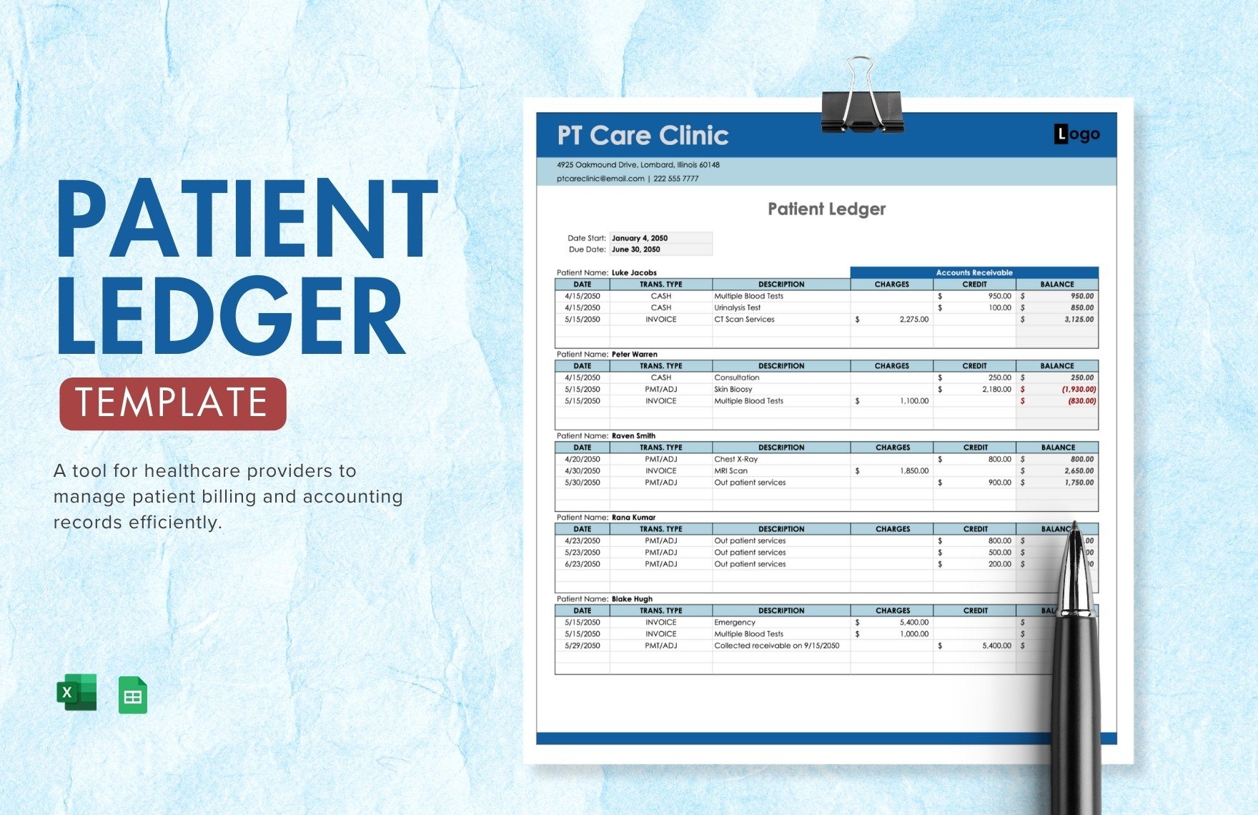 Patient Ledger Template in Excel, Google Sheets
