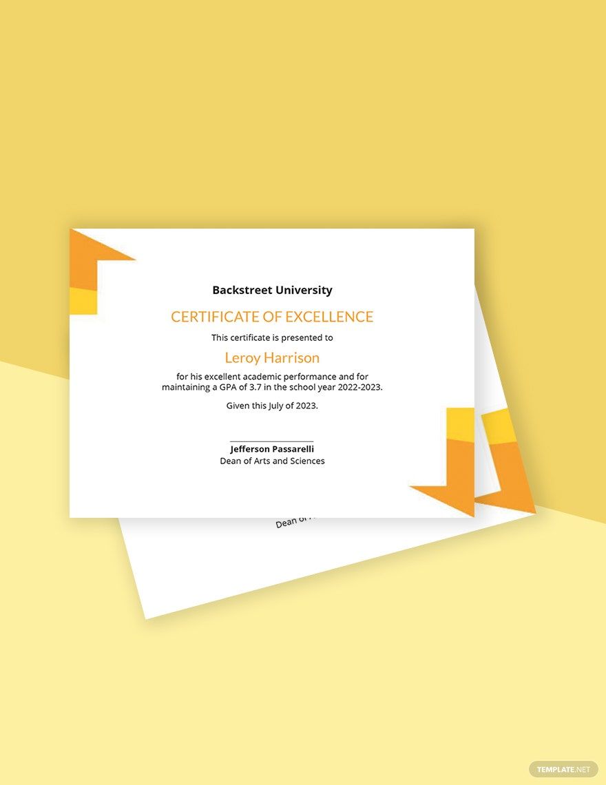 Student Certificate of Excellence Template