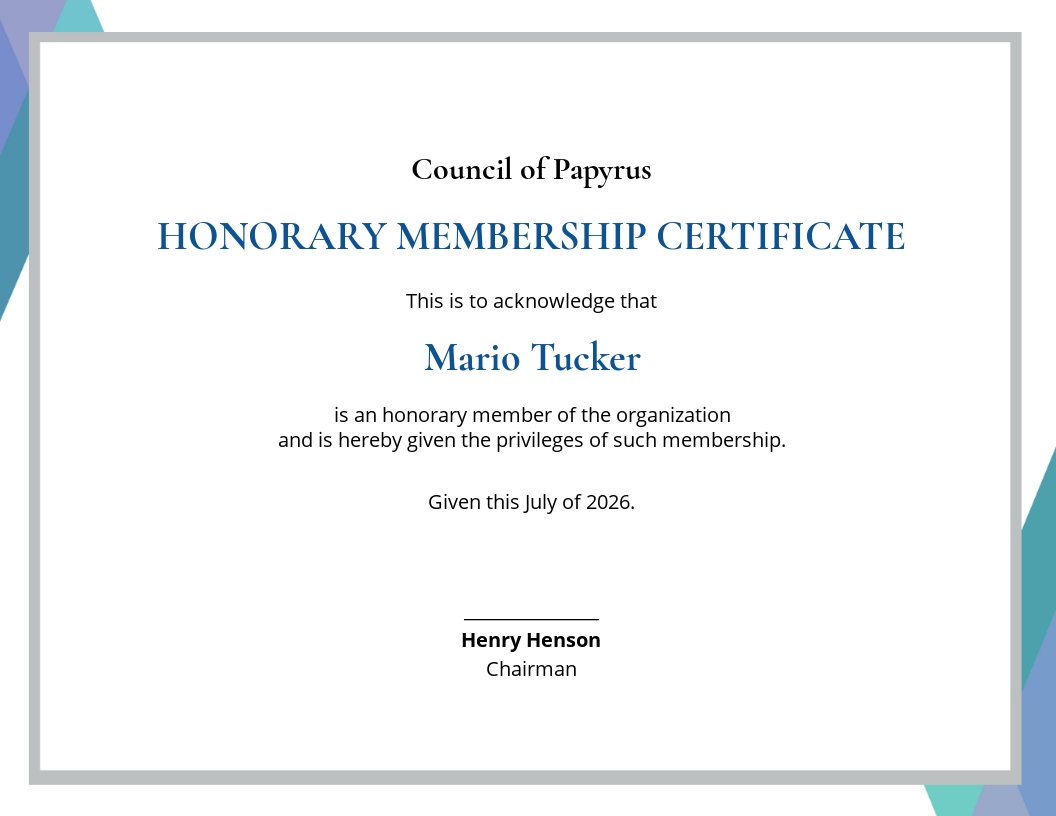 Honorary Membership Certificate Template [Free JPG] - Google Docs ...