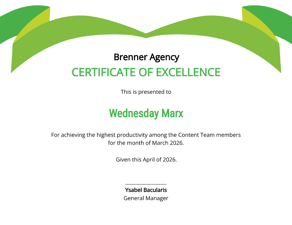 Agency Certificate of Excellence Template