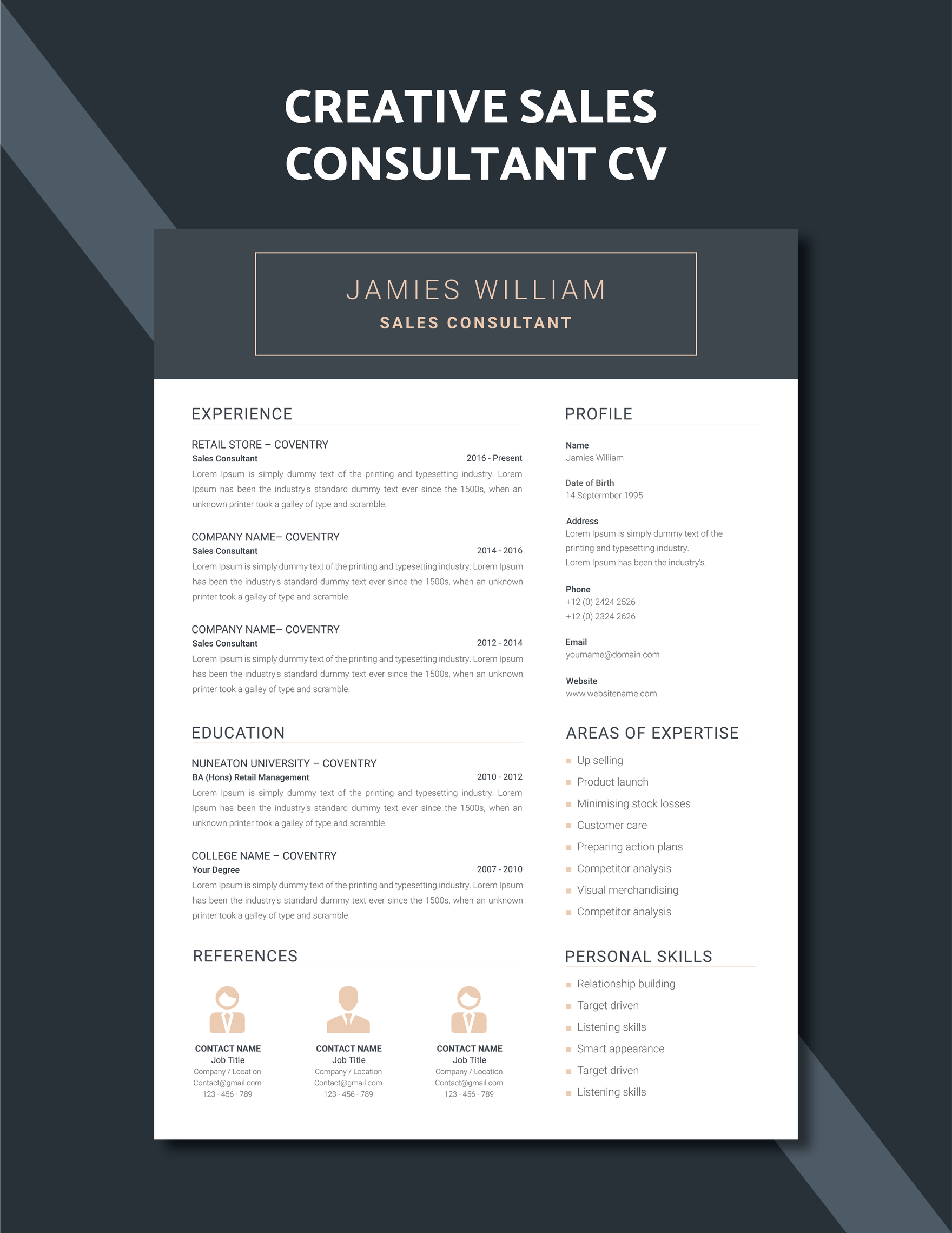 Creative Sales Consultant CV Template in Word, PSD, Apple Pages, Publisher