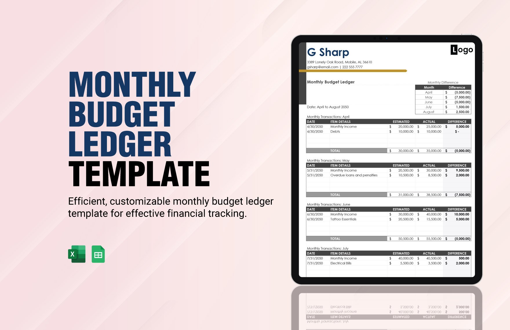 Monthly Budget Ledger Template in Excel, Google Sheets