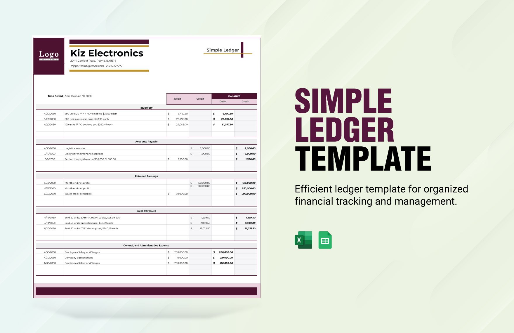 Simple Ledger Template in Excel, Google Sheets