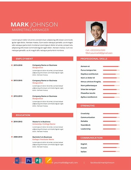 Marketing Manager Resume Template - Word, Apple Pages, PSD, Publisher
