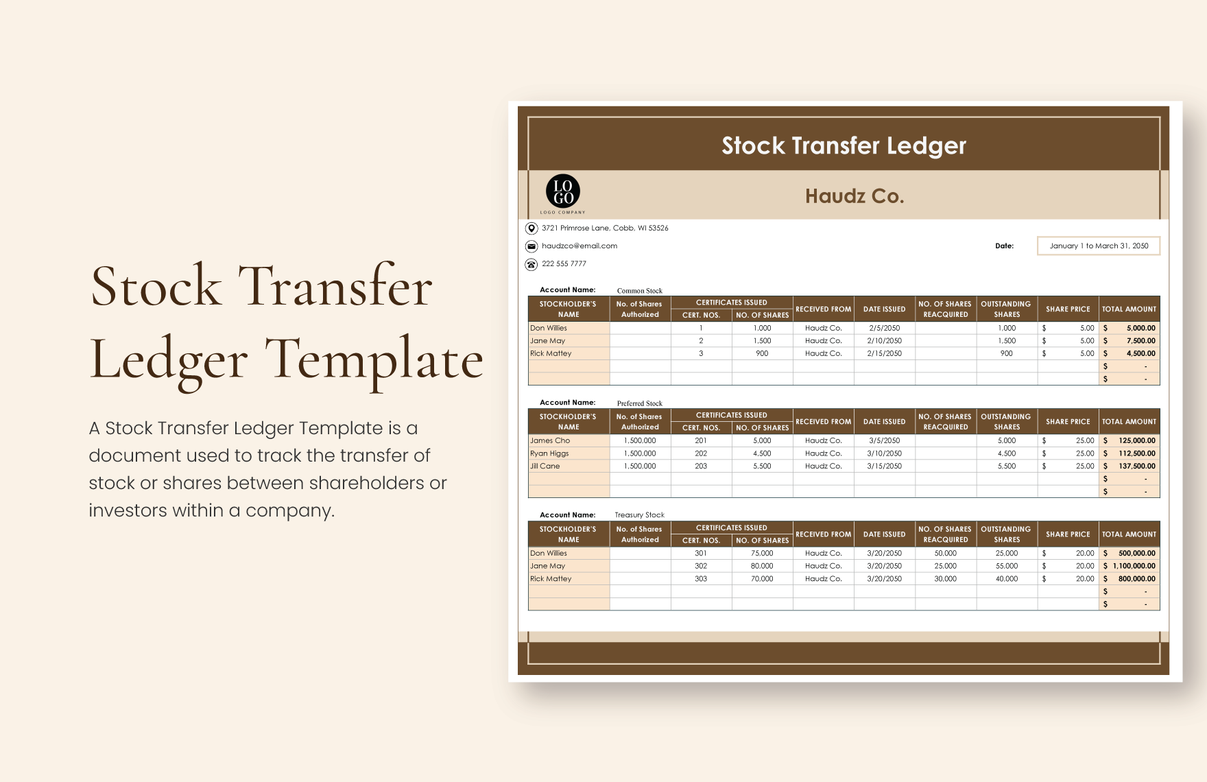 Free Stock Transfer Ledger Template Download in Excel, Google Sheets