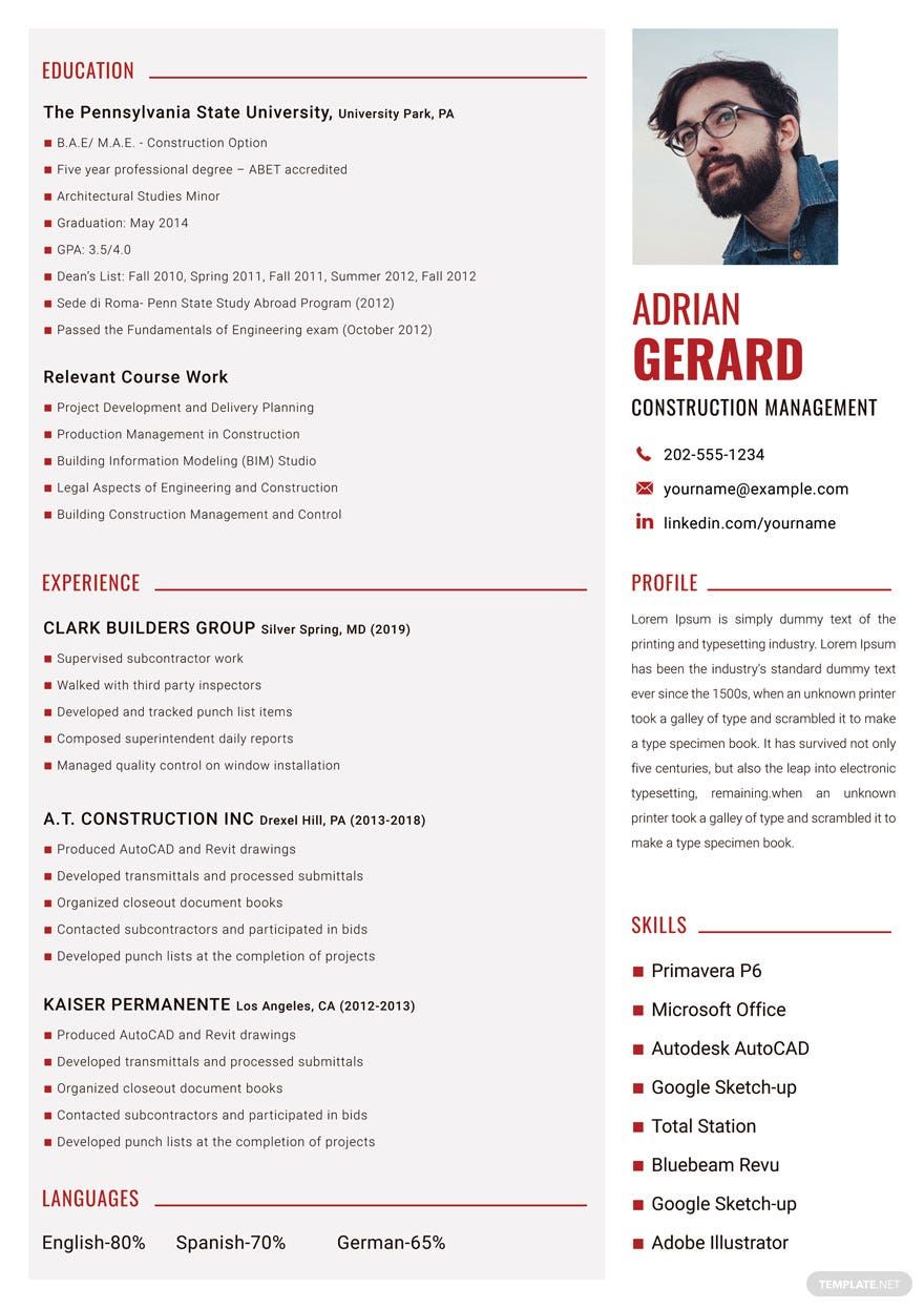 Construction Manager Resume in Word, PSD, Apple Pages, Publisher