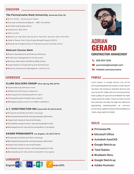 Construction Manager Resume Template - Word, Apple Pages, PSD, Publisher