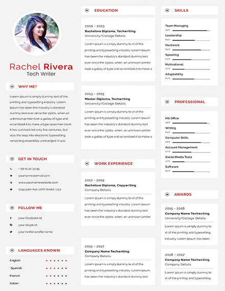 Tech Writer Resume Template - Word, Apple Pages, PSD, Publisher ...