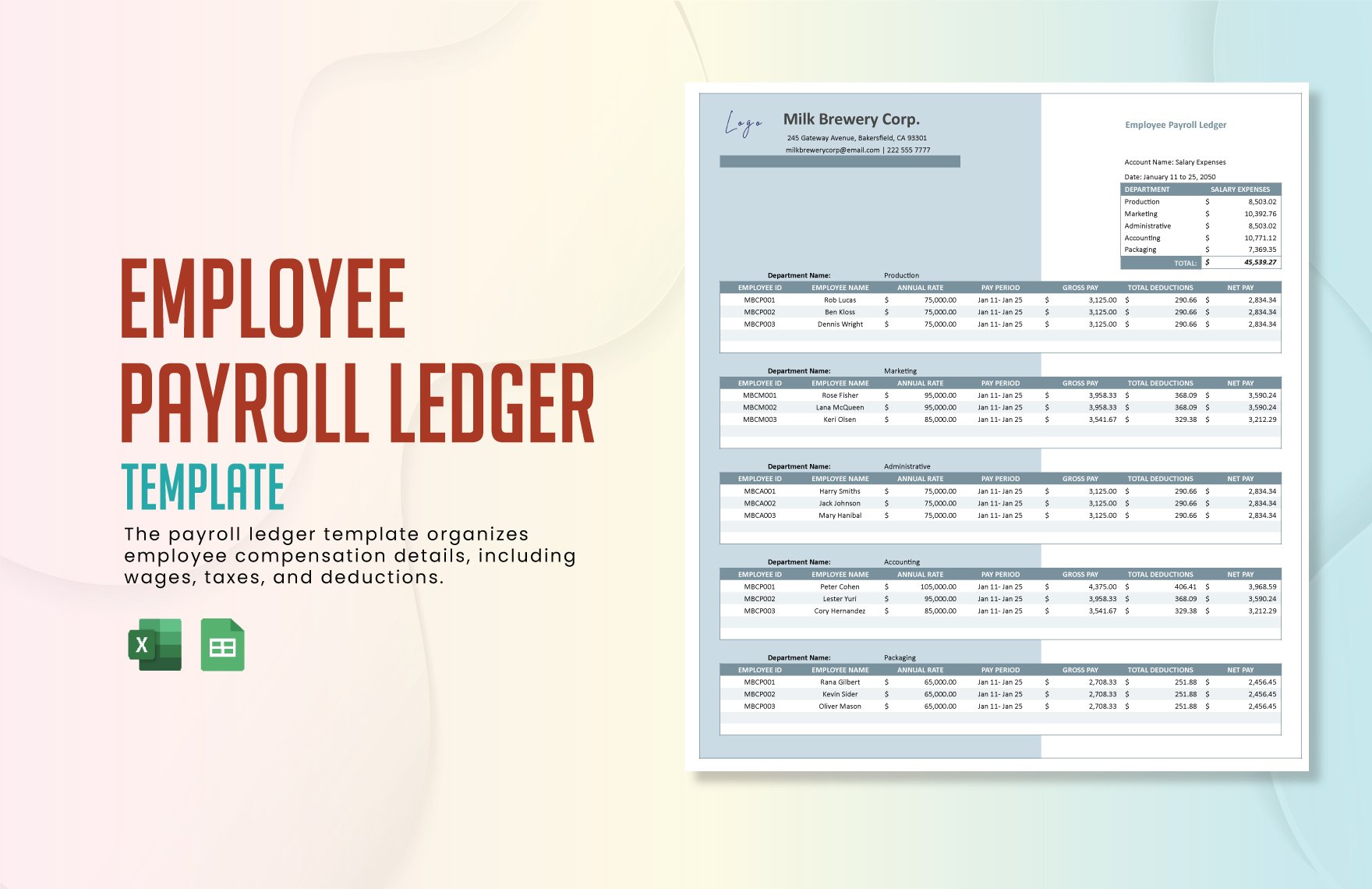 Employee Payroll Ledger Template in Excel, Google Sheets