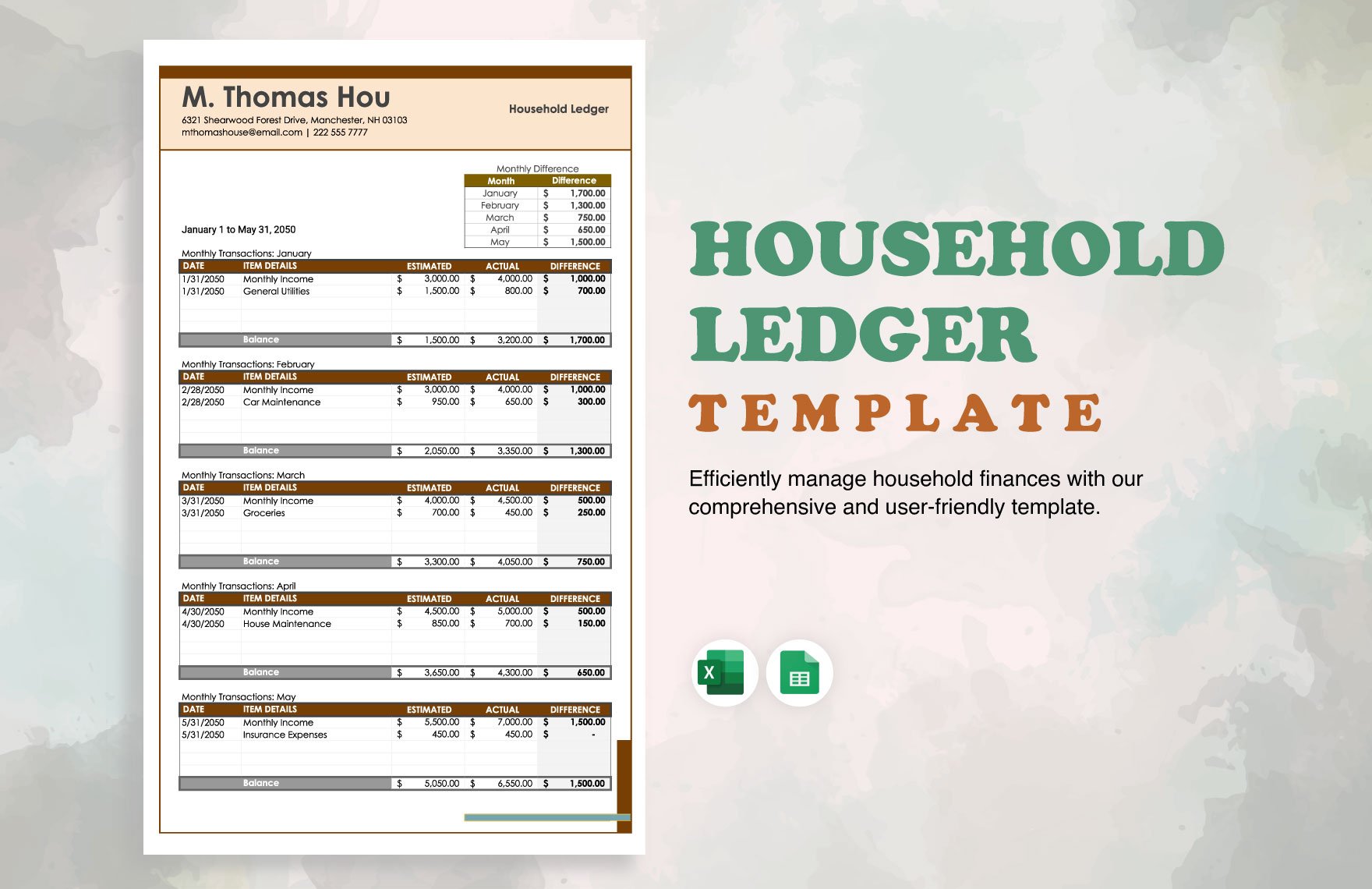 Household Ledger Template in Excel, Google Sheets