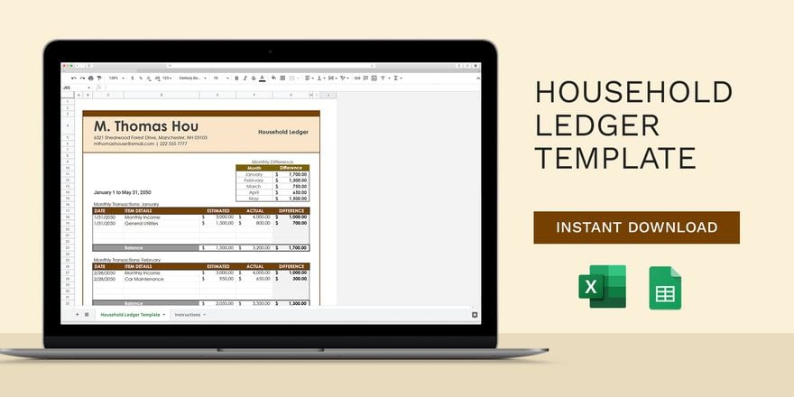 Household Ledger Template in Excel, Google Sheets