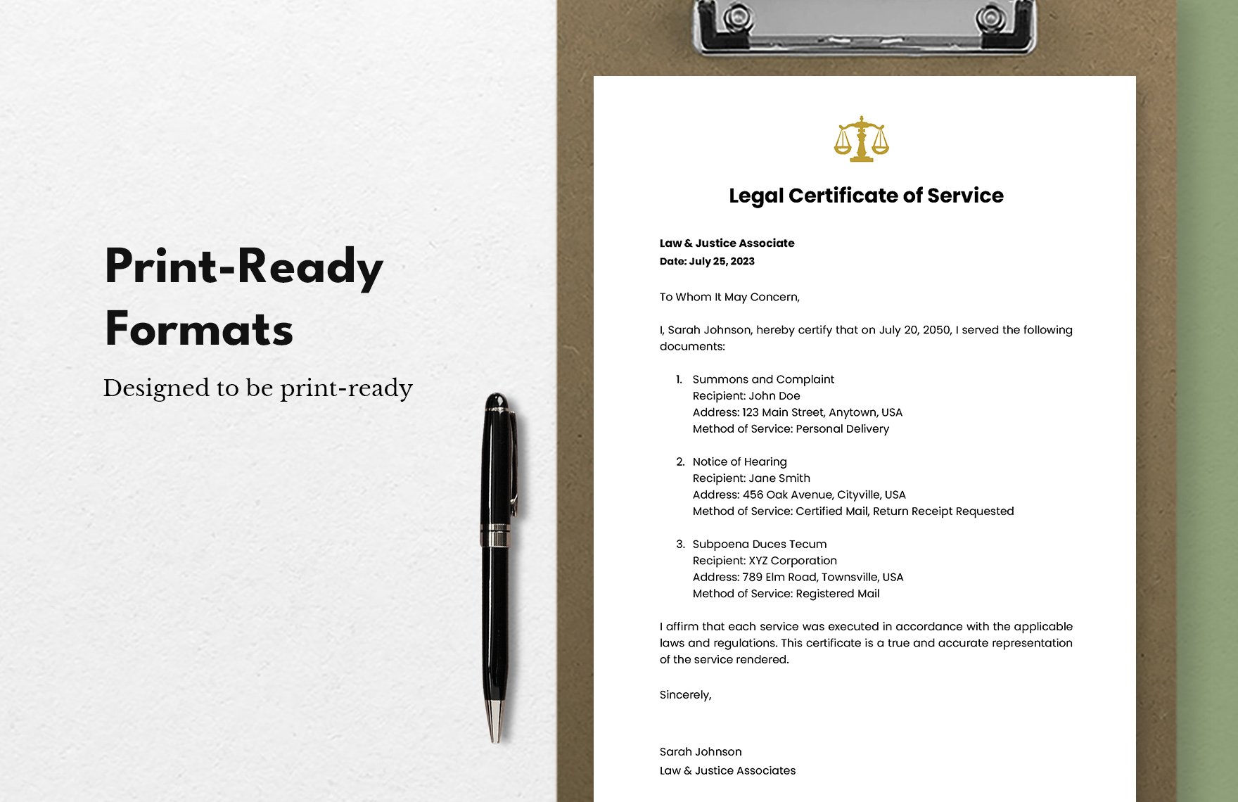 Legal Certificate of Service Template