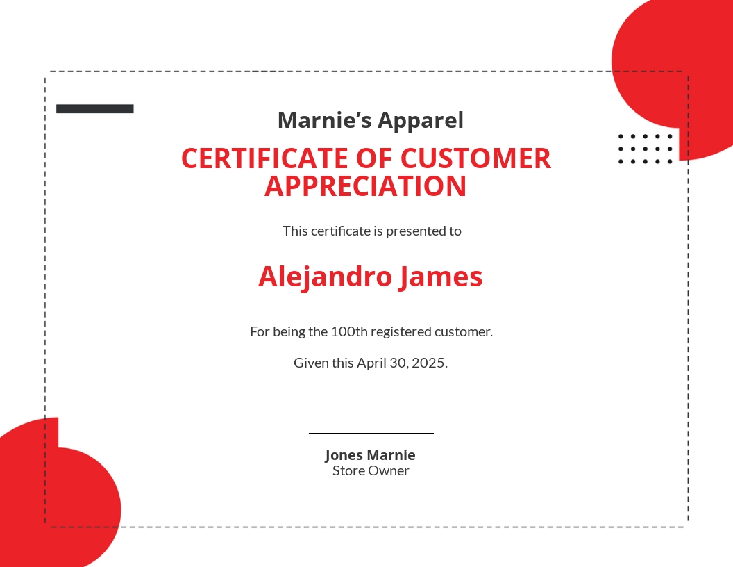 Free Simple Customer Appreciation Certificate Template - Google Docs, Illustrator, InDesign, Word, Outlook, Apple Pages, PSD, Publisher